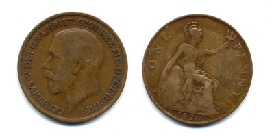 Великобритания 1 пенни 1920 Георг V (1910-1936) КМ 810, Spink 4051 бронза 47-433