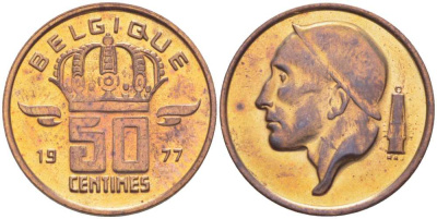 БЕЛЬГИЯ 50 САНТИМОВ 1977 BELGIQUE, БОДУЭН I (1951-1993) KM 148.1 бронза 214-638