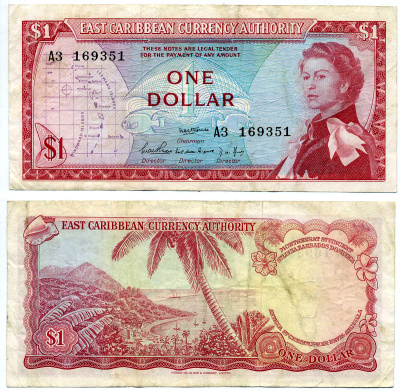 Восточно-Карибские штаты 1 доллар 1965 Британская администрация, подпись 2, серия A3 Pick 13a бумага VF 2197-30-3-2
