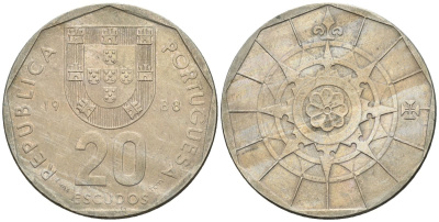 Португалия 20 эскудо 1988 KM 634 медно-никель 4148-525