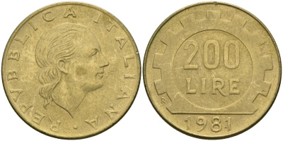 Италия 200 лир 1981 R, шестерня KM 105 алюминиевая бронза 4171-955