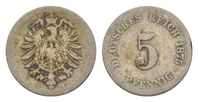 Германия 5 пфеннигов 1875 G, Вильгельм I (1871-1888) KM 3, J. 3, Weege 5 медно-никель 4639-1246