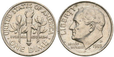 США 1 дайм - 10 центов 1989 P, Рузвельт KM 195а медь плакированная медно-никелем    4608-637