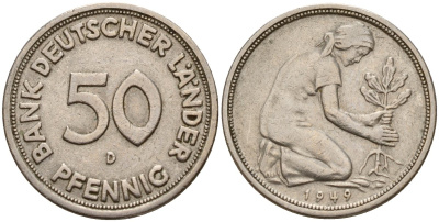 ФРГ 50 пфеннигов 1949 D KM 104, J. 379 медно-никель 4597-1135