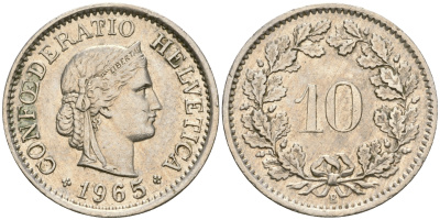 Швейцария 10 раппенов 1965 В KM 27 медно-никель 4364-1331