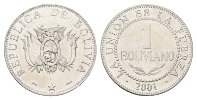 Боливия 1 боливиано 2001 KM 205 нержавеющая сталь UNC 4662-525