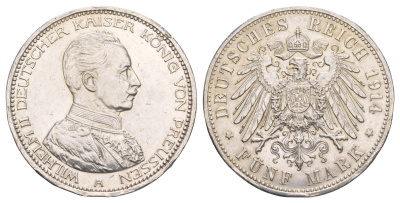 Пруссия 5 марок 1914 A, Вильгельм II (1888-1918) KM 536, J. 114, Weege 114 серебро aUNC 1520-835