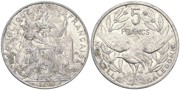 Французская Новая Каледония 5 франков 2008 птица кагу, (IEOM) KM 16, Schoen 12, Lec 81k алюминий 215-1034