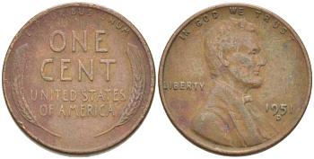 США 1 ЦЕНТ 1951 D, ЛИНКОЛЬН KM А132 медь цинк 218-555