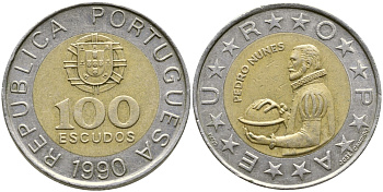 Португалия 100 эскудо 1990 Педру Нуниш (1502-1578), математик KM 645.1 биметалл 4388-447