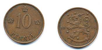 Финляндия 10 пенни 1929 республика (1918-1962) KM 24 медь 46-1653