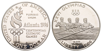 США 1 доллар 1996 P, XXVI летние Олимпийские Игры, Атланта 1996 - Академическая гребля KM A272 серебро PROOF 11-262-43