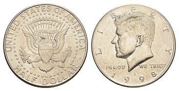 США 1/2 доллара (50 центов) 1998 D, Джон Кеннеди KM A202b медь плакированная медно-никелем aUNC 4403-613