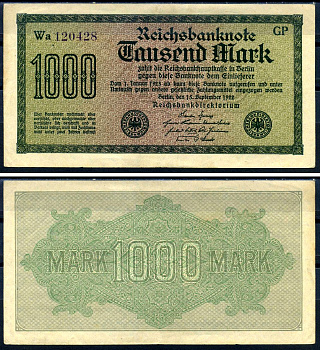 Германия 1000 марок 1922 выпуск 15 сентября 1922, водяной знак D, белая бумага, серия GP, буква Wa Pick 76 d (1) бумага 8617-48-1-2
