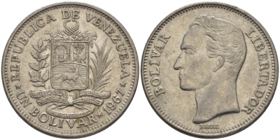 Венесуэла 1 боливар 1967 Симон Боливар KM 42 никель 31-533