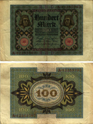 Германия 100 марок 1920 Бамбергский всадник, 8 цифр в номере, буква H Pick 69 b, Розенберг 69b бумага 8609-55-1