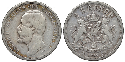 Швеция 2 кроны 1897 ЕВ, Оскар II (1872-1907) король Швеции и Норвегии KM 761 серебро 1531-325
