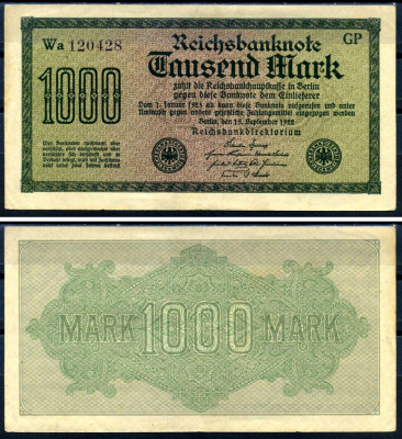 Германия 1000 марок 1922 выпуск 15 сентября 1922, водяной знак D, белая бумага, серия GP, буква Wa Pick 76 d (1) бумага 8617-48-1-2