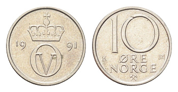 Норвегия 10 эре 1991 Улаф V (1957-1991) KM 416 медно-никель 4705-842