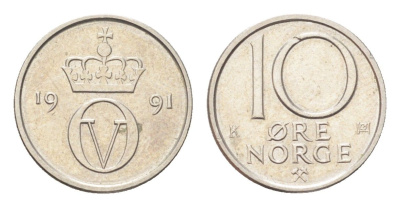 Норвегия 10 эре 1991 Улаф V (1957-1991) KM 416 медно-никель 4705-842