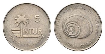 Куба 5 сентаво 1981 туристические деньги, INTUR, толстая KM 412.1 медно-никель 4392-635