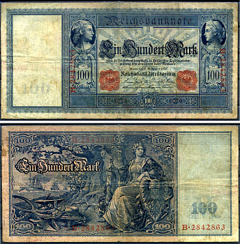 Германия 100 марок 1910 21 апреля 1910, красная печать, Меркурий и Церера, белая бумага Pick 42 (1) бумага 7191-45-1-2