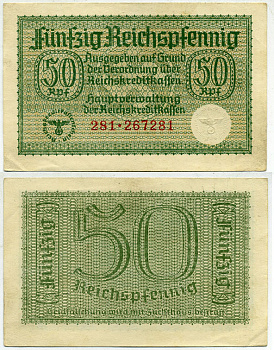 ГЕРМАНИЯ 50 РЕЙХСПФЕННИГОВ 1940-1945 ДЛЯ ОККУПИРОВАННЫХ ТЕРРИТОРИЙ Pick R135 бумага 3295-87-2-1