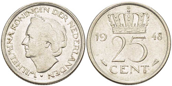 НИДЕРЛАНДЫ 25 ЦЕНТОВ 1948 ВИЛЬГЕЛЬМИНА (1890-1948) KM 177 никель 211-633