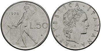 Италия 50 лир 1976 R, бог огня Вулкан у наковальни KM 95.1 нержавеющая сталь 4138-614
