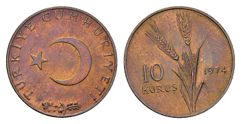 Турция 10 курушей 1974 KM 891.3 бронза UNC 4675-653