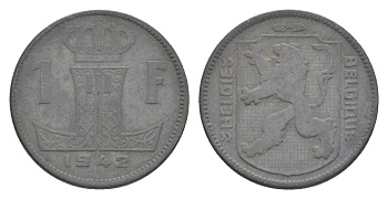 Бельгия 1 франк 1942 Belgique - Belgie, Леопольд III (1934-1947), германская оккупация, Вторая мировая война KM 128 цинк 4636-218