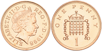 Великобритания 1 пенни 1998 Елизавета II (1952-2022) KM 986, Spink 4710 (B5) сталь плакированная медью UNC 4588-553