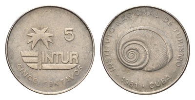 Куба 5 сентаво 1981 туристические деньги, INTUR, толстая KM 412.1 медно-никель 4392-635