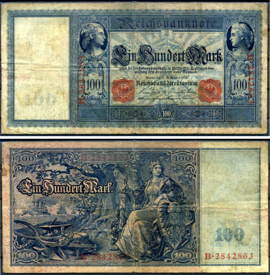 Германия 100 марок 1910 21 апреля 1910, красная печать, Меркурий и Церера, белая бумага Pick 42 (1) бумага 7191-45-1-2