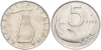Италия 5 лир 1998 R, дельфин KM 92 алюминий  UNC  4594-952