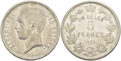 БЕЛЬГИЯ 5 ФРАНКОВ 1931 АЛЬБЕРТ I, DES BELGES KM 97.1 никель 3851-145