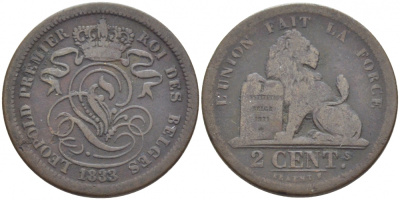 БЕЛЬГИЯ 2 САНТИМА 1833 BELGES KM 4.2 медь 4448-544