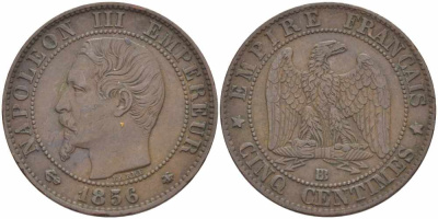 Франция 5 сантимов 1856 BB, Наполеон III (1852-1870) KM 777.3, LE FRANC 116.32 бронза 108-414