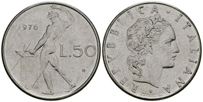 Италия 50 лир 1976 R, бог огня Вулкан у наковальни KM 95.1 нержавеющая сталь 4138-614