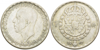 Швеция 1 крона 1947 TS, Густав V (1907-1950) KM 814 серебро 175-1117