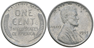 США 1 цент 1943 Авраам Линкольн KM 132 a сталь покрытая цинком aUNC 112-1017