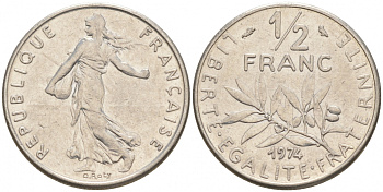 ФРАНЦИЯ 1/2 ФРАНКА 1974 СЕЯТЕЛЬ KM 931.1, LE FRANC 198.13 никель 187-124