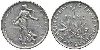 Франция 1 франк 1960 сеятель KM 925.1, Le Franc 226.5 никель 4128-422