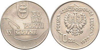 Польша 10 злотых 1972 MW, 50 лет морскому порту в Гдыне KM 65 медно-никель 4517-436