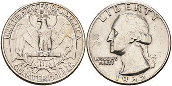 США 25 центов (квотер) 1965 Вашингтон KM 164а медь плакированная медно-никелем    4595-716