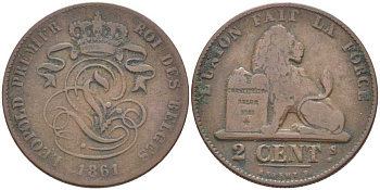 БЕЛЬГИЯ 2 САНТИМА 1861 BELGES, ЛЕОПОЛЬД I (1831-1865) KM 4.2 медь 119-315