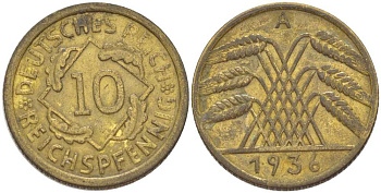ГЕРМАНИЯ 10 РЕЙХСПФЕННИГОВ 1936 A KM 40, J. 317, Weege 9 алюминиевая бронза 210-426