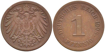 ГЕРМАНИЯ 1 ПФЕННИГ 1906 G KM 10, J. 10, Weege 2 медь 211-338