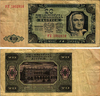 Польша 20 злотых 1948 женщина, торговые ряды в Кракове, 2 буквы в серии Pick 137 (2) бумага 7183-38-2-2