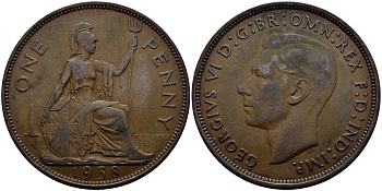 Великобритания 1 пенни 1937 Георг VI (1936-1952) KM 845, Spink 4114 бронза 4178-1032